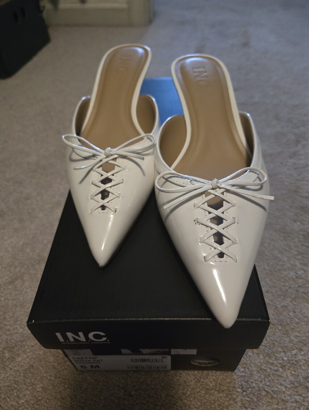 INC International Concepts White Patent Pointed Lace-Up Mules